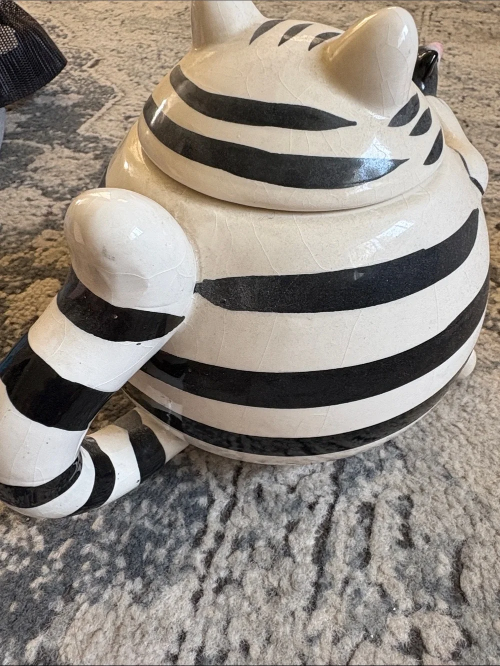 Pier 1 White and Black Striped Ceramic fat Cat Tea pot